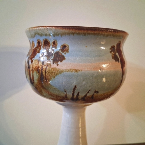 Signed Bonnie Staffel Pottery Chalice Goblet Wine Tropical Seascape Ocean Sunset - Picture 14 of 16